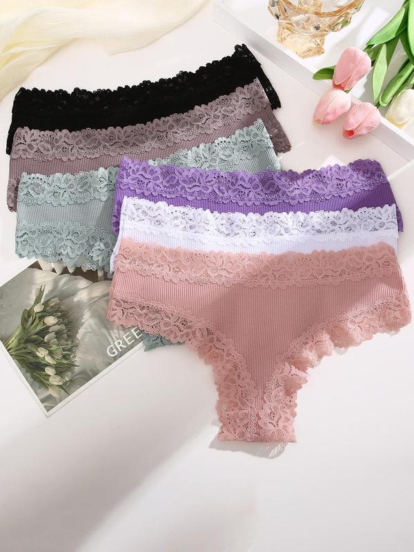 Women's 6pcs Plain Contrast Lace Panty, Soft Comfy Breathable Knickers Panty for Daily Wear, Fall Underwear for Women, Fall Cheeky Panties Multipack, Women's Underwear Bottoms for Fall, Fall Wear Black Girl, Fallfreshness