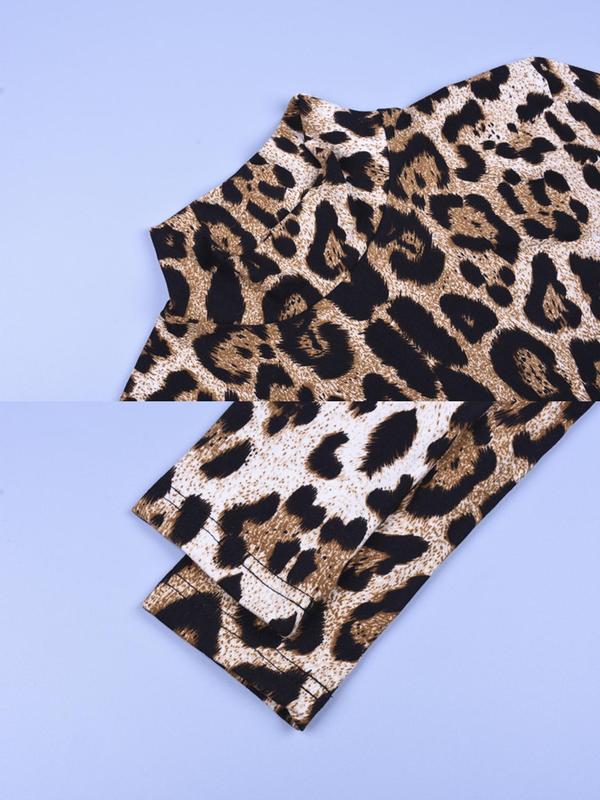 Women's Leopard Print Snap Button Bodysuit, Casual Long Sleeve Mock Neck Bodysuit, Ladies Spring & Fall Clothes for Daily Wear