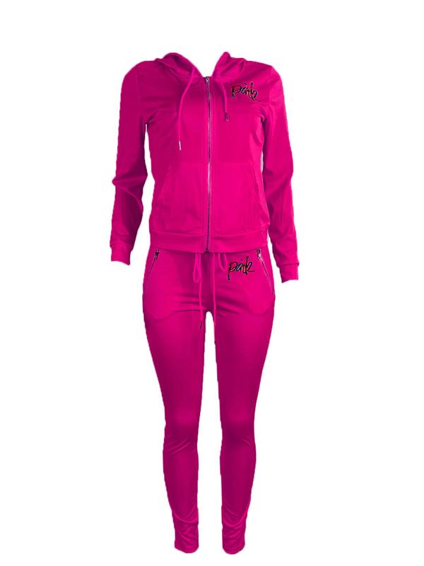 Two-piece Set Women's Letter Embroidery Zip Up Hooded Sweatshirt & Pocket T Sweatpants, Casual Long Sleeve Hoodie &  Jogger Pants, Ladies Two-piece Outfits for All Seasons