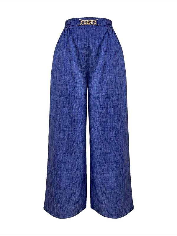 Women's Plain Chain Decor Elastic Waist Wide Leg Pants, Casual High Waist Trousers for Summer, Pants for Women, Ladies Bottoms for Daily Wear