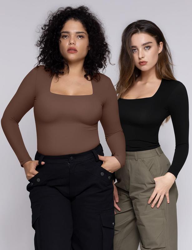 [PUMIEY] Women's Square Neck Long Sleeve T Shirts Slim Fit Tops Basic Minimalist Elegant Shirt