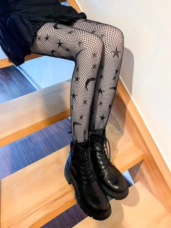 Women's Star & Moon Pattern Fishnet Tights for Gifts, Lady Fashionable High Stretch Tights for Daily Wear, Femboy Sissy Goth Wear, Women's Comfort Underwear for Spring & Fall