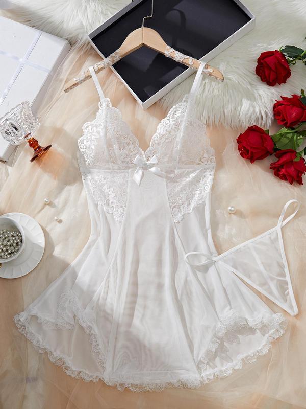 Women's Contrast Lace Bow Decor Cami Nightdress with Thong, Night Gown for Women, Romantic Sleep Dress, Spaghetti Strap Backless V Neck Asymmetrical Nightgown, Ladies Sleepwear for All Seasons, Night Dress Sleepwear