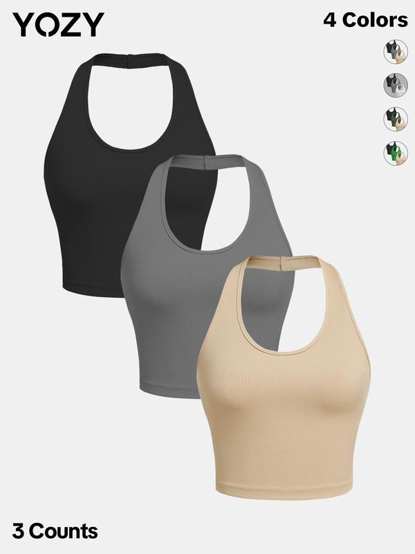 YOZY 3 Counts [4 colors] Backless Halter Crop Top, Casual Solid Sleeveless Tank Top, 2024 Women's Daily Wear for Spring & Summer