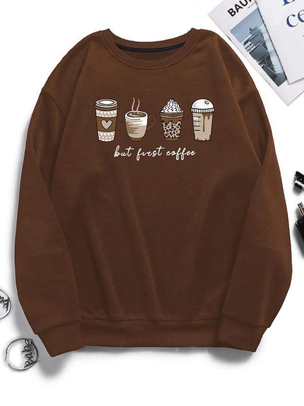 Women's Cartoon Coffee & Cup Print Drop Shoulder Crewneck Sweatshirt, Long-sleeve Round Neck Pullover for Spring & Fall, Women's Black Clothes, Sweatshirts for Women, Comfort Lady Tops, Back To School Outfit