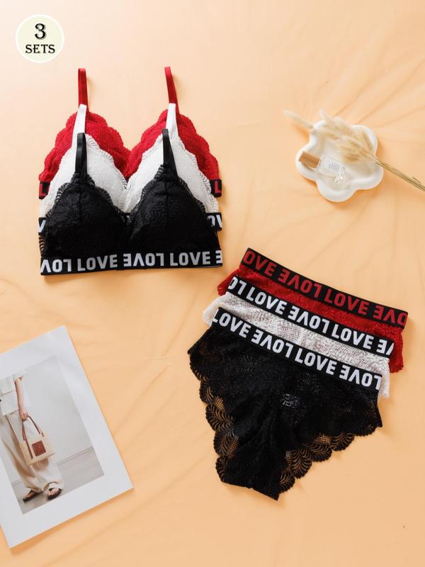 Women's Plants Pattern Lace Push Up Wireless Bra & Letter Tape Scallop Trim Panty Set, Comfy Breathable Lingerie Set for Daily Wear, Underwear Set for Women