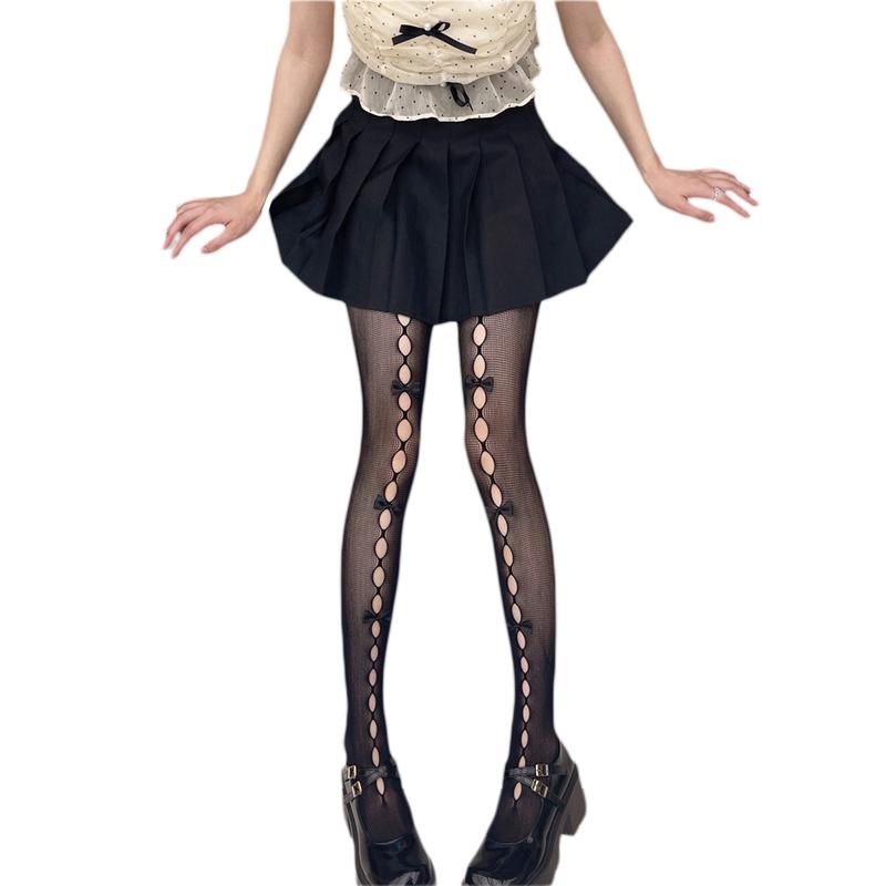 Sweet Velvet Bow Tights Pantyhose JK Lolita Girls Tights Women Lingerie Sexy Hollow Out Mesh Fishnet Thigh High Stockings Tights