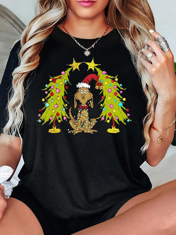 Women's Cartoon Dog & Christmas Tree Print Round Neck Tee, Casual Short Sleeve T-Shirt for Fall & Winter, Women's Top for Daily Wear