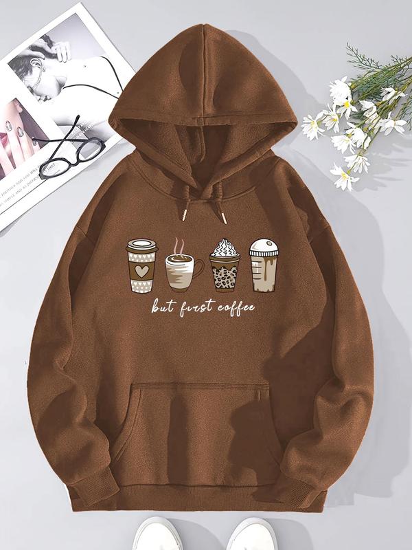 Women's Cartoon Coffee & Cup Print Drop Shoulder Crewneck Sweatshirt, Long-sleeve Round Neck Pullover for Spring & Fall, Women's Black Clothes, Sweatshirts for Women, Comfort Lady Tops, Back To School Outfit