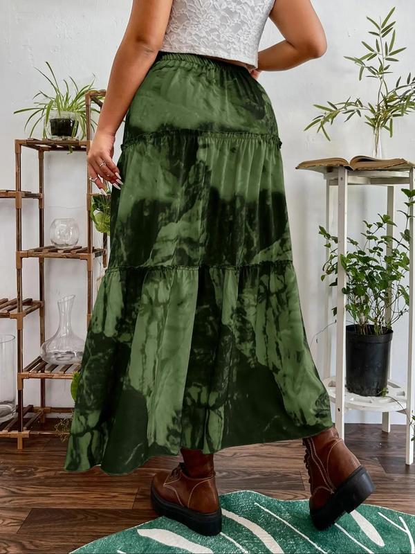 Plus Size All Over Print Frill Trim Ruffle Hem A Line Skirt, Elegant High Waist Long Skirt for Vacation Daily Wear, Women's Bottoms for Summer