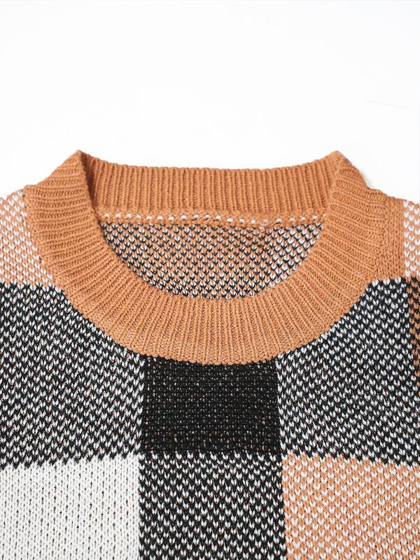 Women's Colorblock Plaid Print Drop Shoulder Sweater, Casual Long Sleeve Round Neck Jumper for Fall & Winter, Fashion Ladies' Knitwear for Daily Wear
