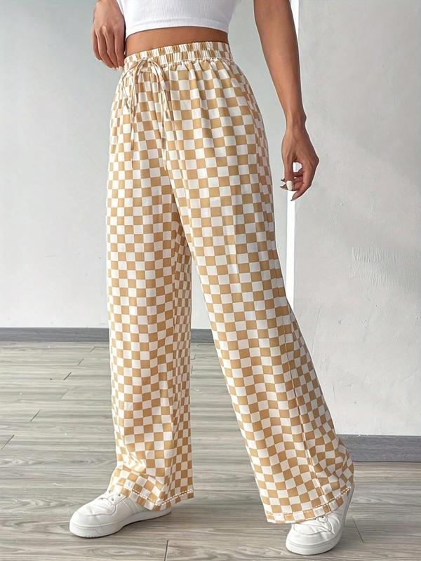 Women's Plaid Print Drawstring Waist Straight Leg Pants, Casual Pocket Trousers for Daily Wear, Ladies Bottoms for All Seasons