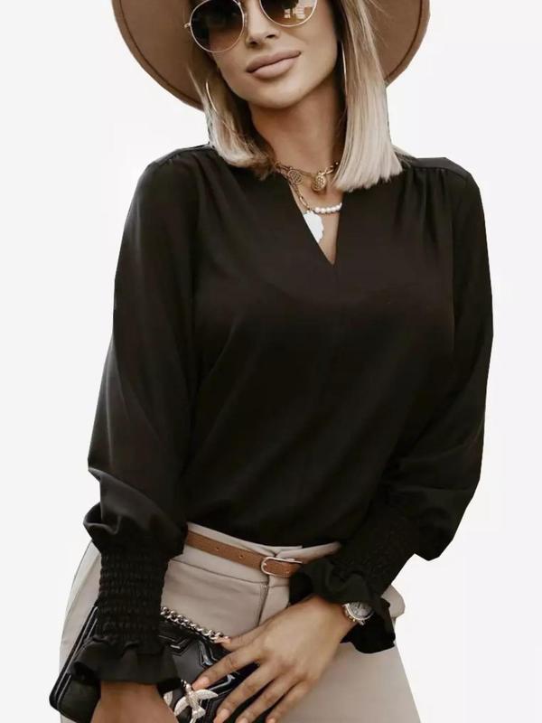 Women's Minimalist Ruffle Trim Shirred Notch Neck Long Sleeve Blouse, Elegant Chic Basic Shirts for Lady, Going Out Tops, Fall Clothing Women, Casual Office Outfits Women, Comfort Flounce Sleeve Top