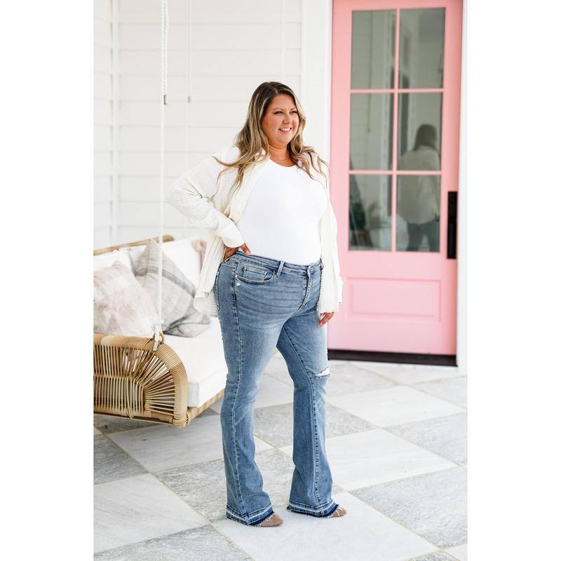 Judy Blue Mid Rise Medium Wash Distressed Released Hem Bootcut Jeans