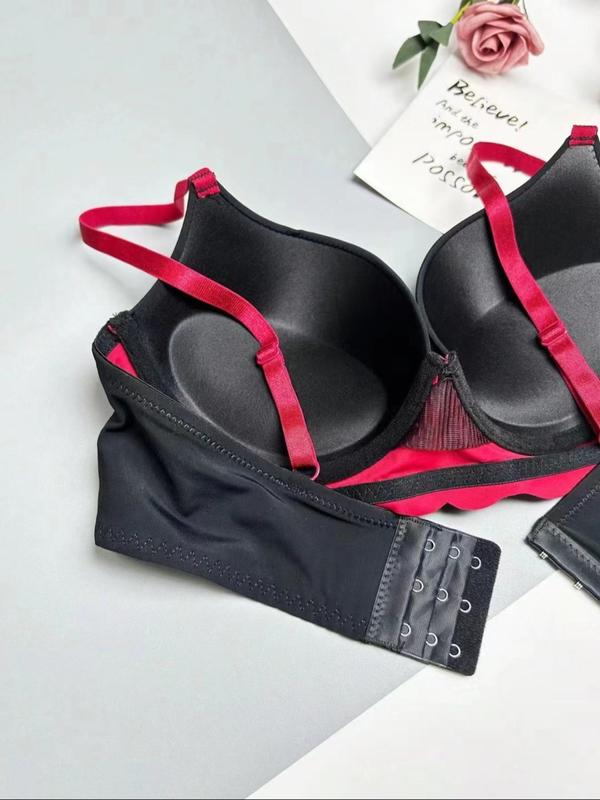 Women's Colorblock Heart Print Underwire Push Up Bra, Casual Comfortable Adjustable Strap Scallop Trim Bra, Women's Lingerie for All Seasons