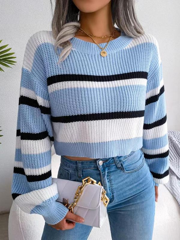 Women's Striped Lantern Sleeve Crewneck Crop Knitting Sweater, Casual Comfort Lady Long Sleeve Round Neck Drop Shoulder Jumper Pullover Tops for Autumn Fall, Sweaters for Women, Ladies Knitwear Clothes, Womenswear, Downtown Girl Clothes