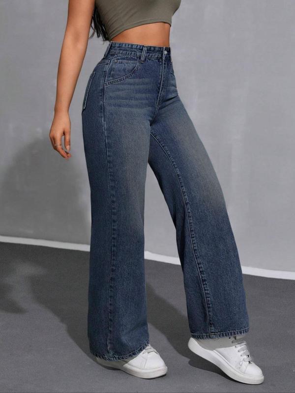 Womenswear Plain Pocket Straight Leg Jeans, Basic Minimalist Button Fly Denim Trousers for Streetwear, Baggy Jeans, Ladies Bottoms for All Seasons