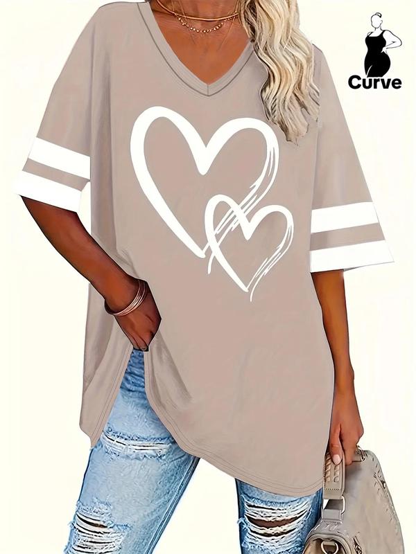  Heart Print Drop Shoulder Tee, Casual Half Sleeve V Neck T-shirt for Summer, T Shirts for Women, Women's Plus Clothing for Daily Wear