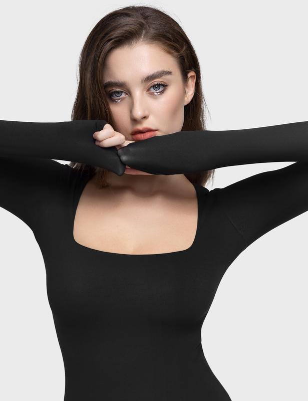 [PUMIEY] Women's Square Neck Long Sleeve T Shirts Slim Fit Tops Basic Minimalist Elegant Shirt