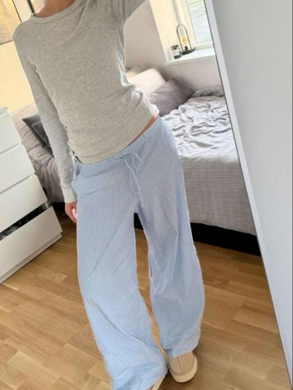 Women's Striped Print Drawstring Waist Straight Leg Pants, Casual Comfy High Waist Trousers for Daily Wear, Ladies Bottoms for Summer Girl With Blue Pants