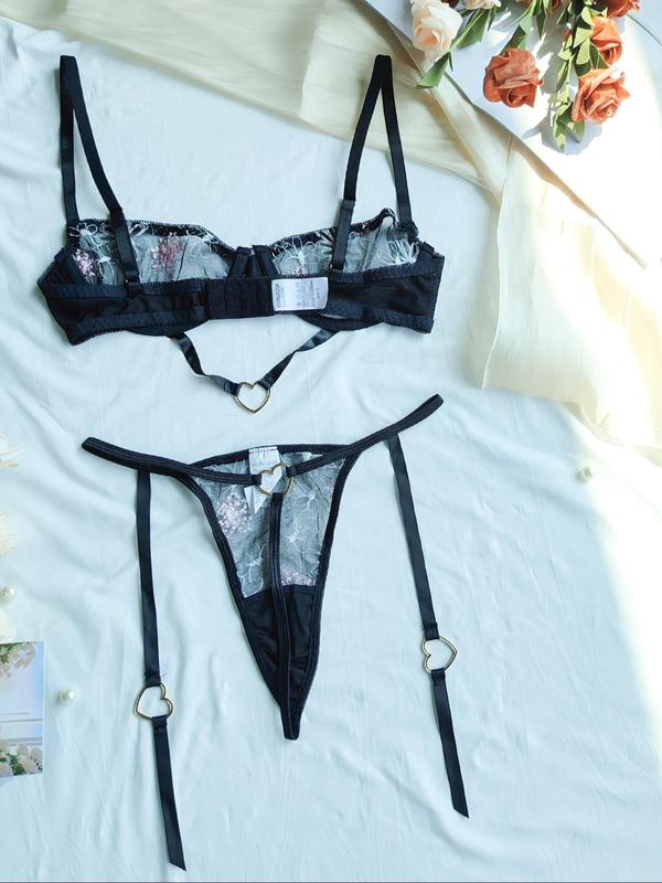 Women's Floral Lace Bra & Heart Decor Thong Sexy Lingerie Set, Sexy Comfy Breathable Underwear Set for Women, Women's Lingerie & Underwear for All Seasons