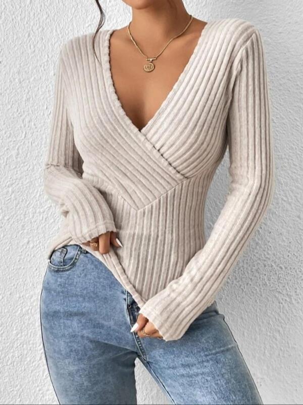 Women's Plain Wrap Deep V Neck Ribbed Tee, Casual Long Sleeve T-shirt for Spring & Fall, Women's Top for Daily Wear