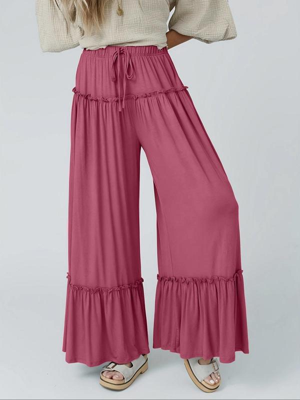 Women's Plain Frill Trim Drawstring Waist Wide Leg Pants, Casual Ruffle Bell Bottom Trousers for Spring & Fall, Women's Bottoms for Daily Wear