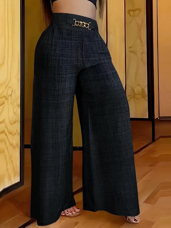 Women's Plain Chain Decor Elastic Waist Wide Leg Pants, Casual High Waist Trousers for Summer, Pants for Women, Ladies Bottoms for Daily Wear