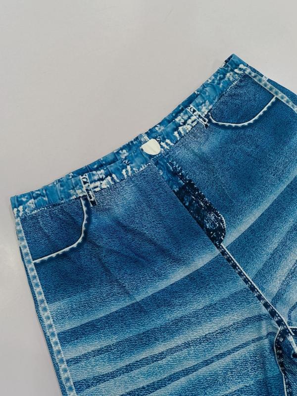  Denim-Effect Print High Waist Leggings, Casual Comfy Floral Print Leggings for Daily Wear, Women's Bottoms for Fall & Winter, Fall Outfits, Fallfreshness