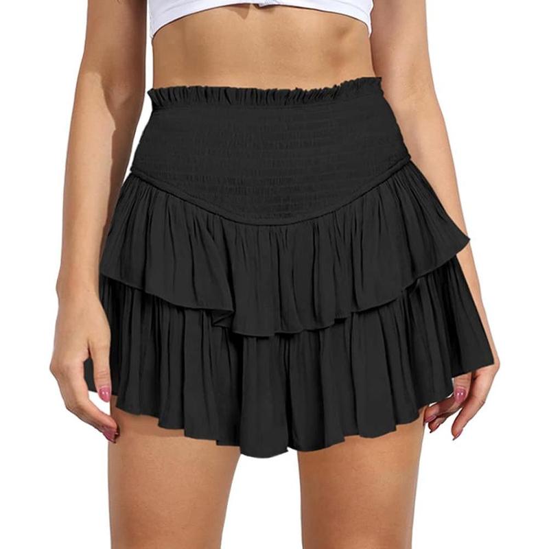 Women's High Waist Ruffle Flowy Mini Skirts Stretchy Waist Solid Lined Pleated Casual Beach Short Skirt