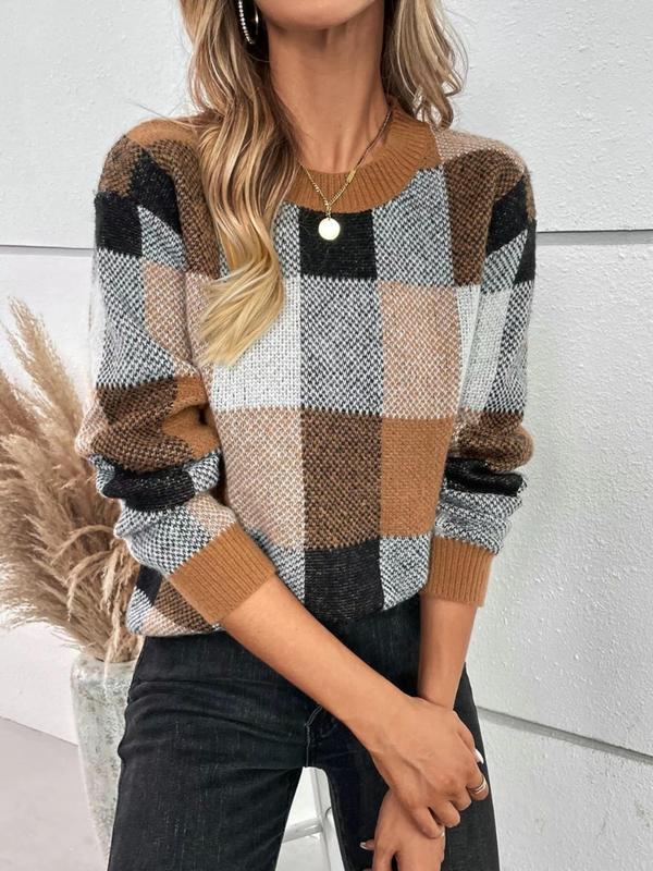 Women's Colorblock Plaid Print Drop Shoulder Sweater, Casual Long Sleeve Round Neck Jumper for Fall & Winter, Fashion Ladies' Knitwear for Daily Wear
