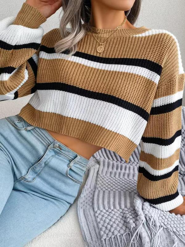 Women's Striped Lantern Sleeve Crewneck Crop Knitting Sweater, Casual Comfort Lady Long Sleeve Round Neck Drop Shoulder Jumper Pullover Tops for Autumn Fall, Sweaters for Women, Ladies Knitwear Clothes, Womenswear, Downtown Girl Clothes
