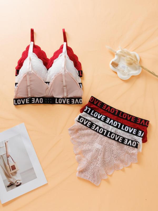 Women's Plants Pattern Lace Push Up Wireless Bra & Letter Tape Scallop Trim Panty Set, Comfy Breathable Lingerie Set for Daily Wear, Underwear Set for Women
