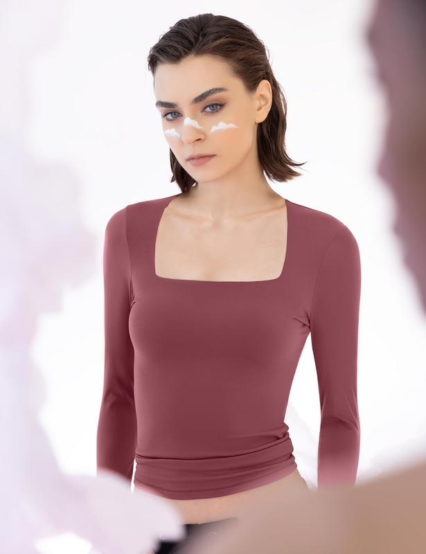 [PUMIEY] Women's Square Neck Long Sleeve T Shirts Slim Fit Tops Basic Minimalist Elegant Shirt