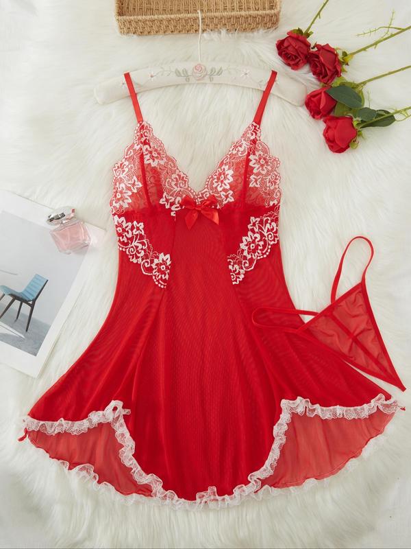 Women's Contrast Lace Bow Decor Cami Nightdress with Thong, Night Gown for Women, Romantic Sleep Dress, Spaghetti Strap Backless V Neck Asymmetrical Nightgown, Ladies Sleepwear for All Seasons, Night Dress Sleepwear