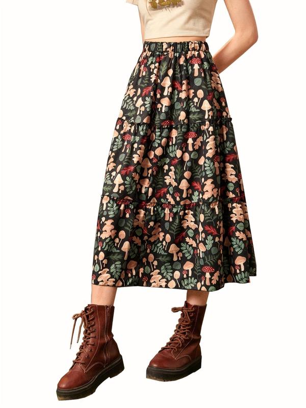 Women's Mushroom & Leaf Print Ruffle Hem A Line Skirt, Casual Elastic Waist Midi Skirt for Spring & Fall, Women's Bottoms for Daily Wear