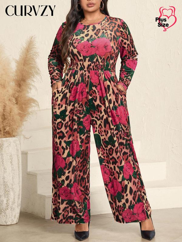 CURVZY Plus Size Floral & Leopard Print Pocket Wide Leg Jumpsuit, Elegant Long Sleeve Round Neck Velvet Jumpsuit for Fall & Winter, Women's Clothes for Daily Wear