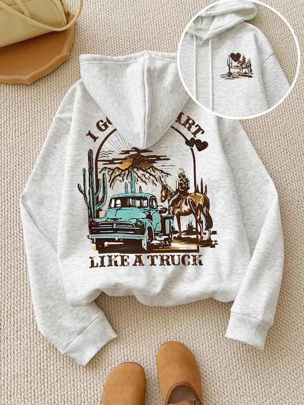 Women's Graphic & Letter Print Drop Shoulder Thermal Lined Hoodie, Fashion Casual Drawstring Pocket Hooded Sweatshirt for Daily Holiday Outdoor Wear, Women Clothing for Fall & Winter