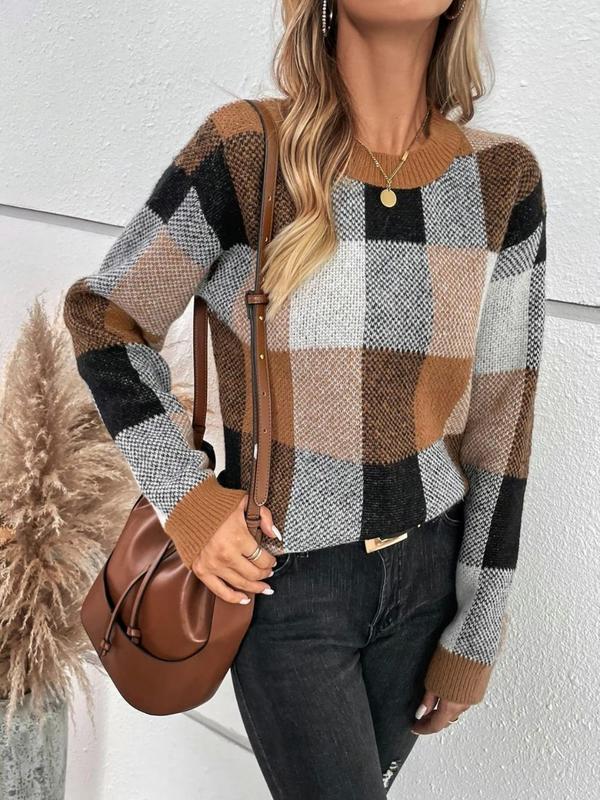 Women's Colorblock Plaid Print Drop Shoulder Sweater, Casual Long Sleeve Round Neck Jumper for Fall & Winter, Fashion Ladies' Knitwear for Daily Wear