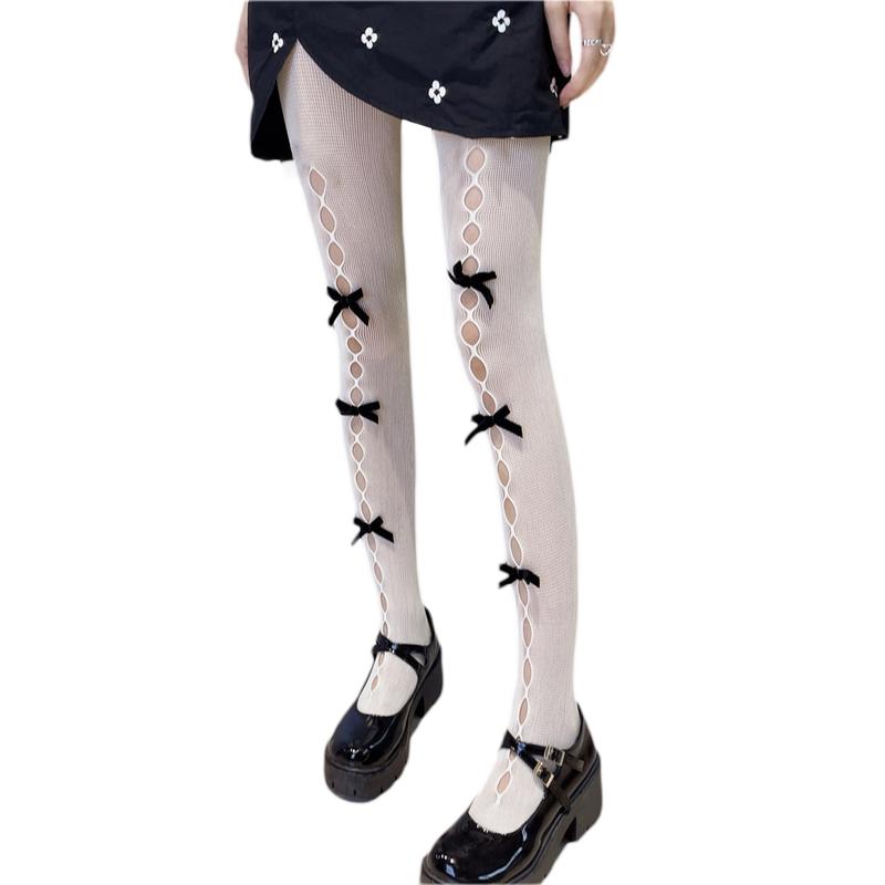 Sweet Velvet Bow Tights Pantyhose JK Lolita Girls Tights Women Lingerie Sexy Hollow Out Mesh Fishnet Thigh High Stockings Tights