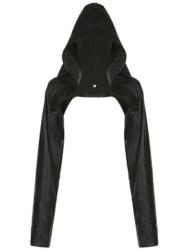 Women's Solid Color Drop Shoulder Hooded Faux Leather Super Crop Jacket, Street Fashion Long Sleeve Outerwear for Daily Wear, Ladies Clothes for Fall & Winter