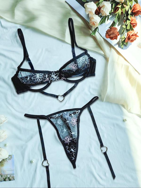 Women's Floral Lace Bra & Heart Decor Thong Sexy Lingerie Set, Sexy Comfy Breathable Underwear Set for Women, Women's Lingerie & Underwear for All Seasons