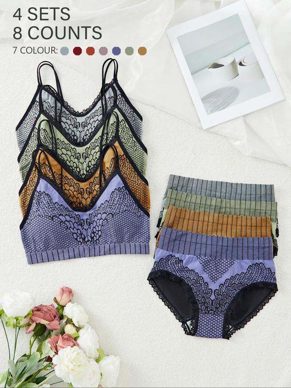 Women's Geometric Print Contrast Lace Wireless Bra & High Waist Panties Underwear Set, Casual Comfy Breathable Lingerie Set for Daily Wear, Underwear Set for Women
