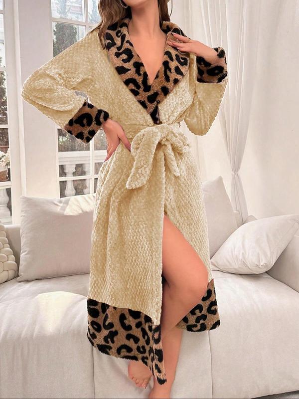 Women's Patchwork Leopard Print Belted Plush Bathrobe, Casual Long Sleeve Open Front Robe, Ladies Sleepwear for Fall & Winter