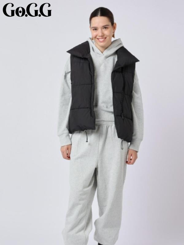 Women's Minimalist Basic Solid Zip Up Puffer Vest Coat, Lady Casual Comfort Drawstring Pocket Design Gilet Outerwear For Fall & Winter, Women's Clothes For Daily Wear, Womenswear