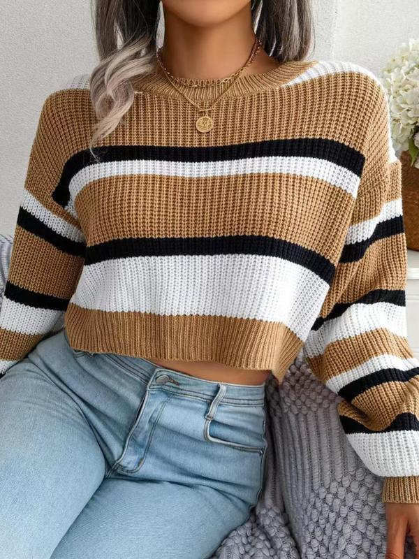 Women's Striped Lantern Sleeve Crewneck Crop Knitting Sweater, Casual Comfort Lady Long Sleeve Round Neck Drop Shoulder Jumper Pullover Tops for Autumn Fall, Sweaters for Women, Ladies Knitwear Clothes, Womenswear, Downtown Girl Clothes