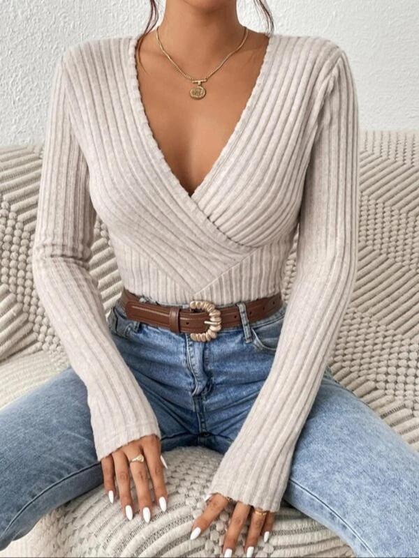 Women's Plain Wrap Deep V Neck Ribbed Tee, Casual Long Sleeve T-shirt for Spring & Fall, Women's Top for Daily Wear