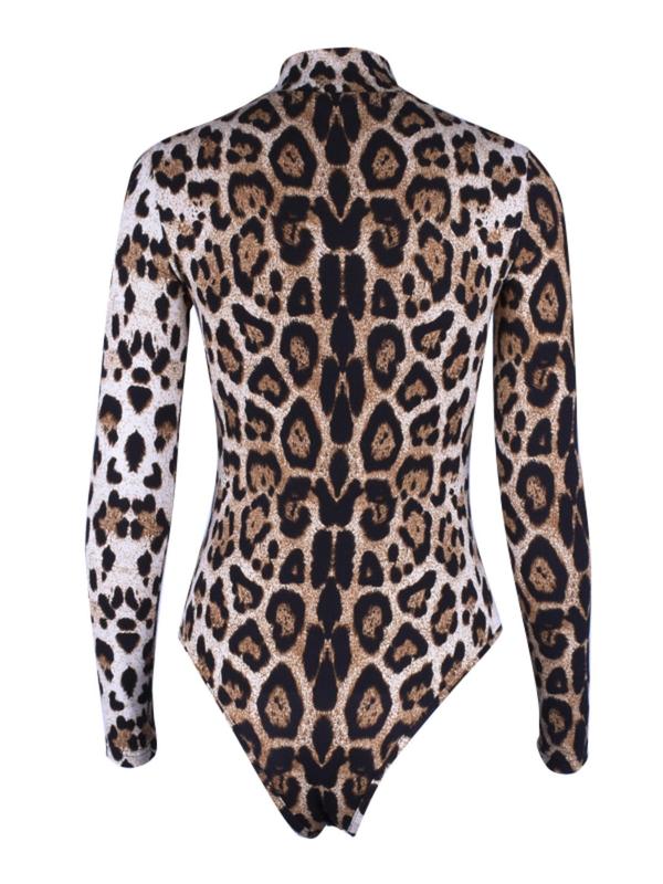 Women's Leopard Print Snap Button Bodysuit, Casual Long Sleeve Mock Neck Bodysuit, Ladies Spring & Fall Clothes for Daily Wear