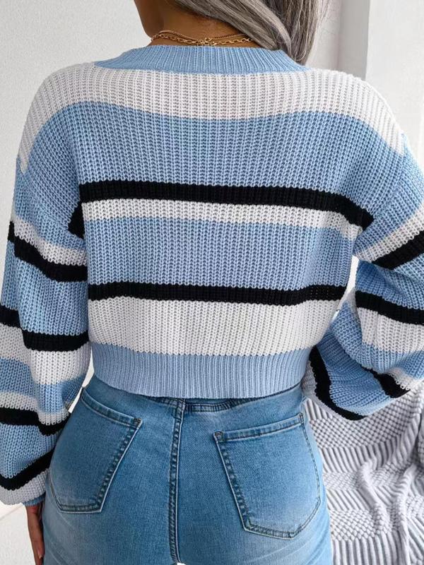Women's Striped Lantern Sleeve Crewneck Crop Knitting Sweater, Casual Comfort Lady Long Sleeve Round Neck Drop Shoulder Jumper Pullover Tops for Autumn Fall, Sweaters for Women, Ladies Knitwear Clothes, Womenswear, Downtown Girl Clothes