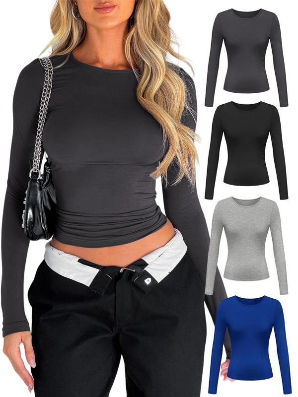 Women's Solid Color Simple Minimalist Long Sleeve Round Neck Tee, Casual Crew Neck T-Shirt for Spring & Fall, Back-to-School Clothing, Fashion Women's Top for Daily Wear, Fall Outfits, Fallfreshness, Downtown Girl Clothes, Going out Tops 2000s